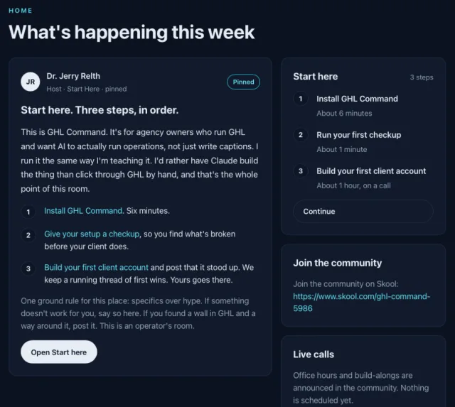 The Members Hub home page, What's happening this week, with a pinned Start here post from Dr. Jerry Relth and the Start here card.
