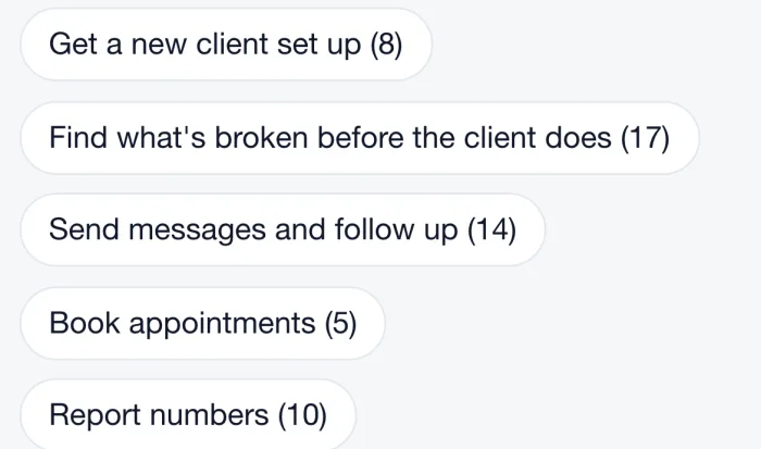Goal buttons on the same page: Get a new client set up (8), Find what's broken before the client does (17), Send messages and follow up (14), Book appointments (5), Report numbers (10).
