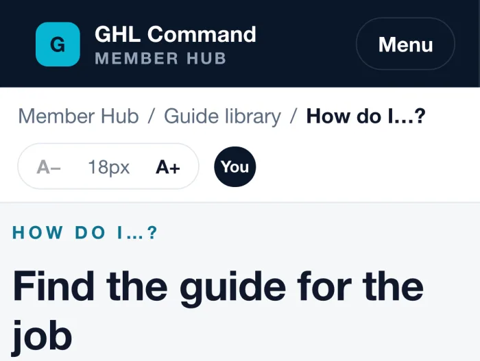The Members Hub on a phone: Member Hub, Guide library, How do I...? Heading: Find the guide for the job.