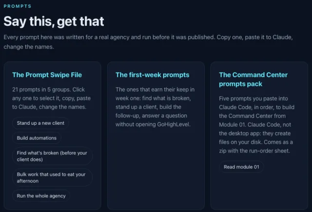The Members Hub Prompts page, Say this, get that. Three cards: The Prompt Swipe File, 21 prompts in 5 groups, with groups such as Stand up a new client, Build automations and Find what's broken; The first-week prompts; The Command Center prompts pack.